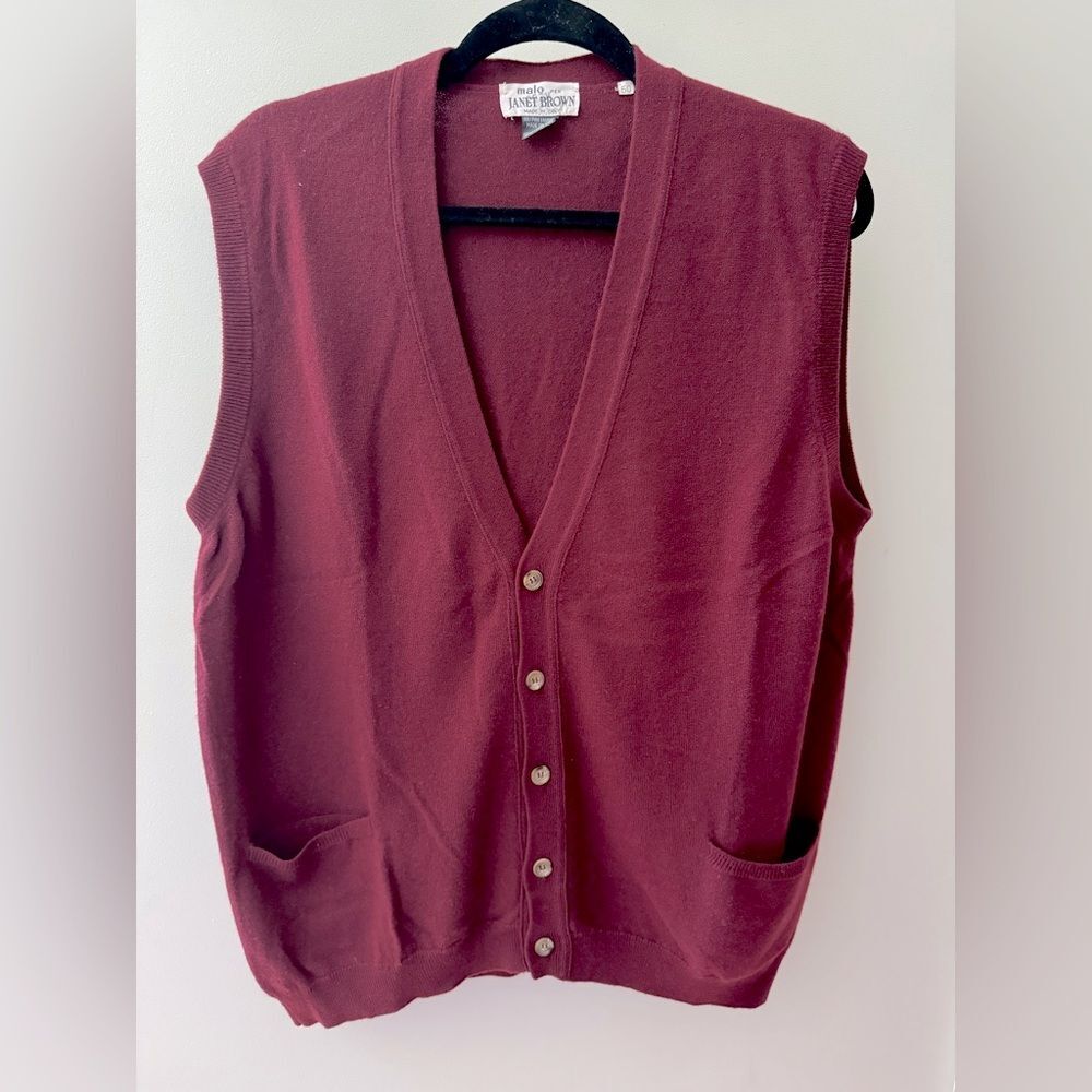 Vintage Academia MALO Janet Brown 100% Cashmere Burgundy Button Down Vest Sz 50